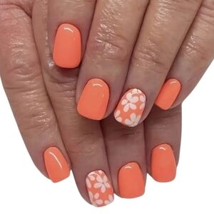 Press On Nails Orange With White Flowers Set Of 24 NWT